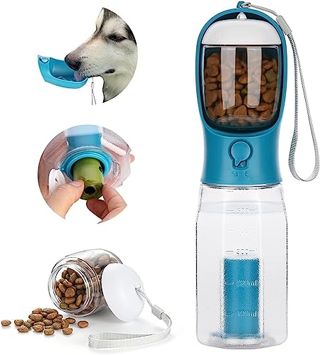 ERKIES Hundewasserflasche, Multifunktionale tragbare Hundewasserflasche, mit 100g Hundefutterbecher und Kotbeutel, für Haustiere beim Wandern (300ml, Dunkelblau)