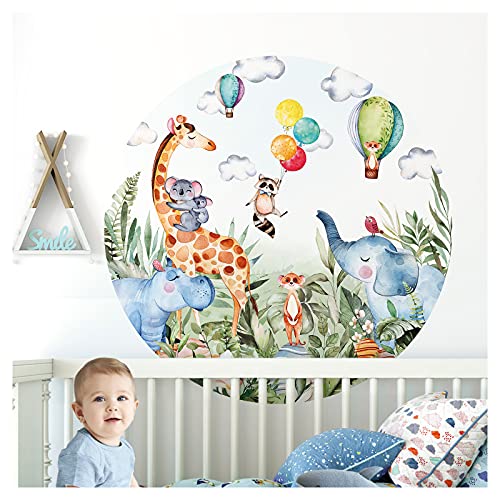 Little Deco runder Wandaufkleber Safaritiere I Wandbild 120 cm Ø I Giraffe Elefant Wandsticker Babyzimmer Junge Wandtattoo Kinderzimmer Mädchen DL563