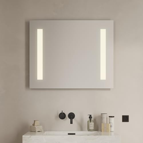 Loevschall Godhavn Quadratischer Spiegel mit Beleuchtung | Led Spiegel Mit Touch-Schalter 80x65 cm | Badspiegel Mit Led Beleuchtung | Verstellbarer Badezimmerspiegel mit Beleuchtung