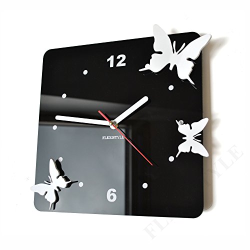 FLEXISTYLE Moderne Wanduhr Fliegende Schmetterlinge 3D Wohnzimmer Schlafzimmer Modern Deko (Schwarz)