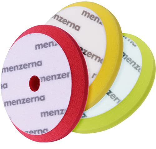 Detailmate Polierschwamm 3er Set: Menzerna Premium Pads 150mm mit Loch für Exzenter: Polierpad 1x rot, hart für heavy cut, 1x gelb, medium für medium cut, 1x grün, soft für Finish + 2 Schutzhandschuhe