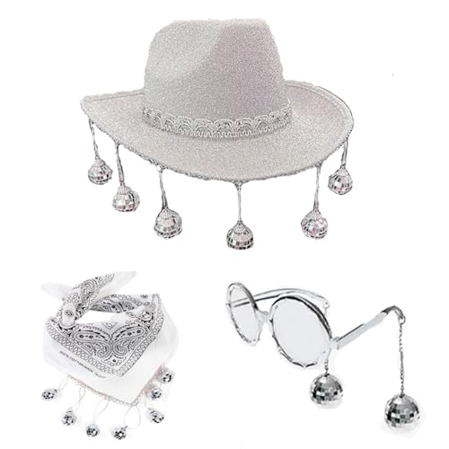 tixoacke Damen Bandana + Cowgirl Hut + Anhänger Sonnenbrille mit breiter Krempe für Party Musik Festival 3-teiliges Set Cowgirl-Hut für Frauen