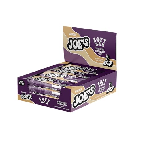 WEIDER Joe´s Soft Bar, leckerer Proteinriegel mit extra weichem Eiweißkern, leckerer Karamellschicht und zartem Milchschokoladenüberzug, zuckerarm, Blueberry-Cheesecake, Vorratsbox 12 x 50g