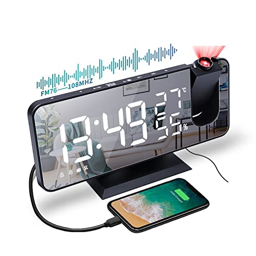 VORRINC Projektionswecker, Radiowecker Digitaler Wecker mit FM-Radio, 7" LED Spiegelbildschirm, Dual-Alarm mit USB-Anschluss, 4 Projektionshelligkeit, 180 ° Flip-Anzeige und 12 / 24H