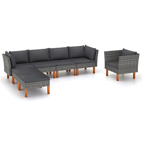 WHOPBXGAD terrassenmöbel,balkonmöbel Kleiner Balkon,Tisch klappbar,7-TLG. Garten-Lounge-Set Poly Rattan und Eukalyptusholz Grauterassenmöbel außen,balkonmöbel Set,glasplatte Tisch,