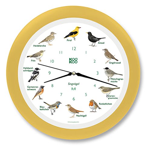 KOOKOO Singvögel Creme-gelb, Die Singende Vogeluhr, mit 12 heimischen Singvögeln und echten, natürlichen Vogelstimmen, mit RC Funkquarzwerk