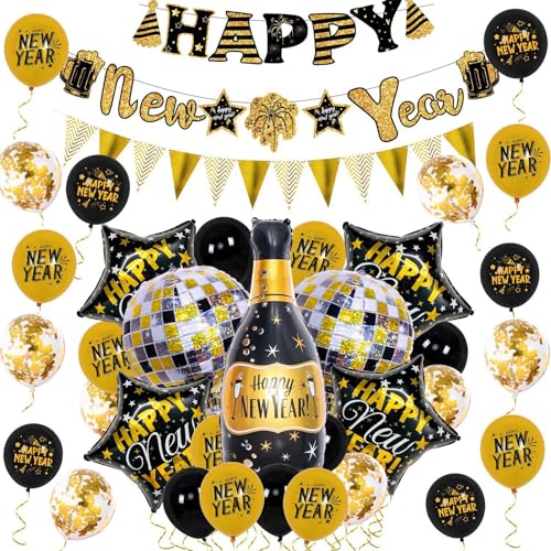 Puco Schwarzer goldener 2024 Folienballon frohes neues Jahr Banner Bierflasche Latex Folienballon Weihnachtsdekoration für Zuhause Party Ballon
