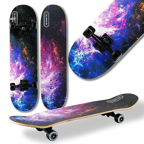 WeLLIFE Skateboard für Anfänger, 80x20cm Holz Skateboard Kinder, Jugendliche Erwachsene,ABEC-9 Kugellager, 9 Schichten Ahorn Double Kick Skate Concave Trick, Grafik-Skateboard auf Grip Tape RGX-Serie