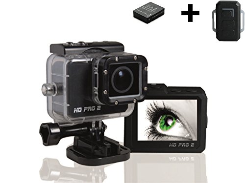 HD PRO 2 Action Cam Komplett-Set inkl.1x Fernbedienung + 1x Zusatzakku (Full HD, 60 fps, 20 Megapixel, 2 Zoll LCD Display, Weitwinkelaufnahmen 175°, HDMI, USB, Wifi + gratis App) schwarz