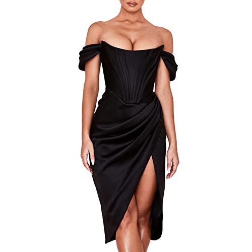 lamphle Formelles Damenkleid, Mädchen, drapiert, Satin, Sommer, schulterfrei, Schlitz, Korsett, Kleid für Cocktailpartys, Schwarz