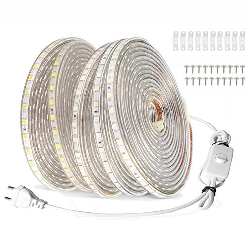 VAWAR 30m LED Band mit ON/OFF Schalter, 6000K Weiß Streifen, 5050 SMD 60 Leds/m Strip, 220V 230V Beleuchtung, IP65 wasserdicht Lichtschlauch (Kalt Weiß, 30m)