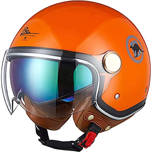 Motorrad-Retro-Halbhelm mit DOT/ECE-Zulassung Jet Style Cruiser Scooter Motorräder Mopedhelme mit Doppelglas für Männer und Frauen,Orange,XL