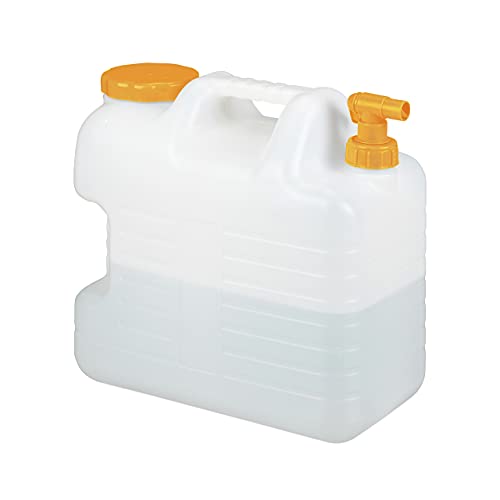 Relaxdays Wasserkanister mit Hahn, 20 Liter, Kunststoff bpa-frei, Weithals Deckel, Griff, Camping Kanister, weiß/orange