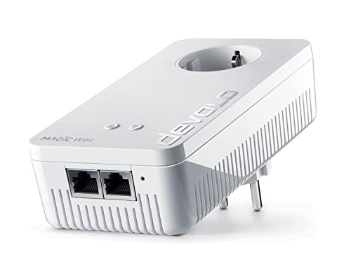 Devolo Magic 1 Wifi: starker Powerline-Erweiterungs Adapter mit WLAN-Funktion, bis 1200 Mbit/S Wifi AC, 2x Fast Ethernet LAN-Anschluss, integrierte Steckdose, Mesh WiFi, Access Point, weiß