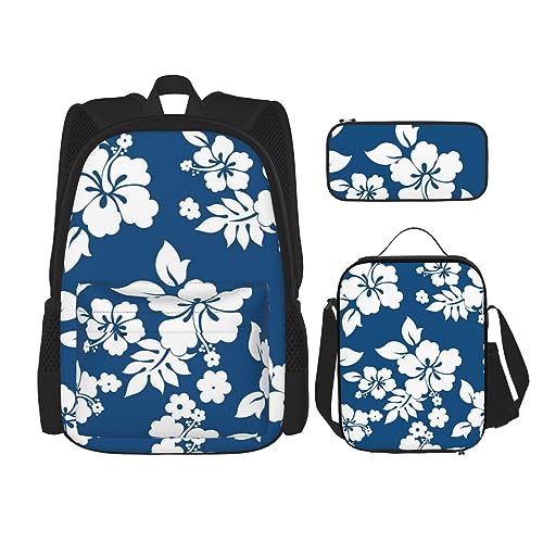 DOFFO Hawaii-Rucksack-Set, Reise-Laptop-Rucksack für Damen und Herren, lässige Büchertasche mit Lunch-Tasche, Bleistifttasche, 3-teilig, Schwarz, Einheitsgröße, Schwarz , Einheitsgröße