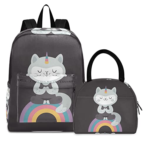 Katze Einhorn Yoga Kitty Regenbogen Büchertasche Lunchpaket Set Schulter Rucksacks Bookbag Kinderrucksack Isolierte Lunchbox-Tasche für Mädchen Jungs