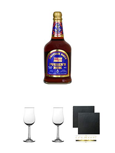Pussers British Navy Rum Virgin Islands 54,5% 0,7 Liter + 2 Bugatti Nosing Gläser mit Eichstrich 2cl und 4cl + 2 Schiefer Glasuntersetzer eckig ca. 9,5 cm Ø