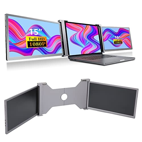 Dreifacher Tragbarer Monitor, 15-Zoll-FHD-1080P-IPS-Display-Extender, Bildschirmverlängerung, Dual-Monitor-Extender, Einziehbarer Ständer, für 15-17-Zoll-Notebook-Computer, für Mobiltelefone(Grau)