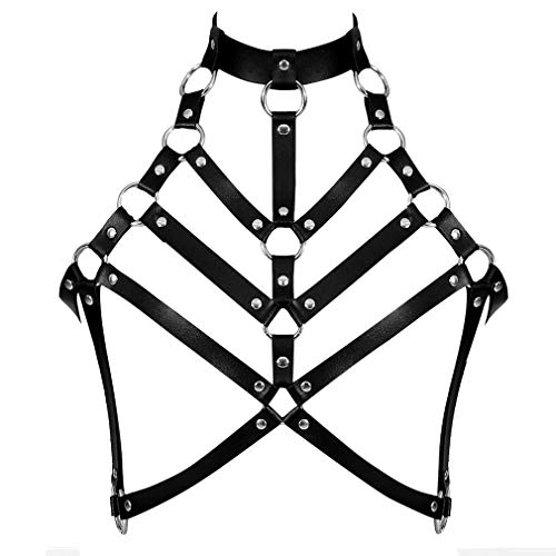 Damen Leder Harness ärmelloser BH Gesteppter Träger Tanzen Festival Karneval Tragen Punk Gothic Gürtel (Schwarz)