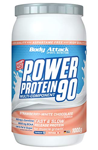 Body Attack Power Protein 90, 5K Eiweißpulver mit Whey-Protein, L-Carnitin und BCAA für Muskelaufbau und Fitness, Made in Germany (Strawberry-White Chocolate Cream, 2 x 1 kg)