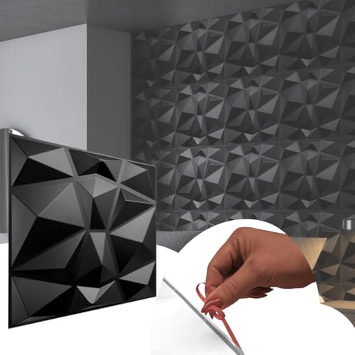 Selbstklebend 3D Paneele, PVC Kunststoffpaneele Wandpaneele Gaming Zimmer Wand Decke 3D Optik Diamant 12 PCS/3 m² einfache Montage! (Schwarz 94)
