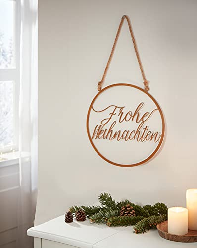 Deko-Hänger Frohe Weihnachten aus Metall in Rost-Optik, Ø 38 cm, Adventsdeko mit gewungenem Schriftzug,Weihnachtsdeko
