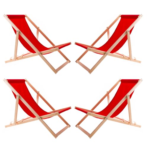 WOODOK 4er Liegestuhl Klappbar - Gartenliege Klappbar bis 120kg, Sonnenliege aus Buchenholz ohne Armlehne - 3-Stufige Rückenlehnenverstellung (4X Rot)