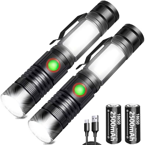 REHKITTZ LED Taschenlampe Extrem Hell (mit 2500mAh Akku) Wiederaufladbare Taktische Taschenlampe LED Multifunktions COB Arbeitsleuchte Mini Taschenlampen Magnet Flashlight Zoombar Handlampe(2 Pack)