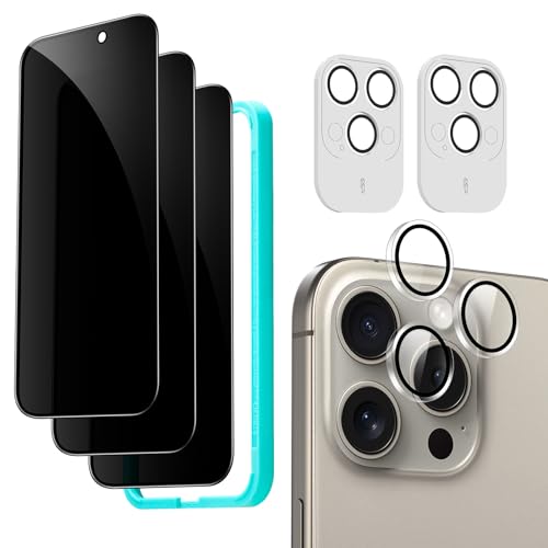 ESR iPhone 15 Pro Max Display Sichtschutz Set, Anti Spy Displayschutz aus gehärtetem Glas, mikrogekrümmte Kanten, hüllenfreundlich, 3 Stück mit 2 Sätzen individuellem Kamera Schutz