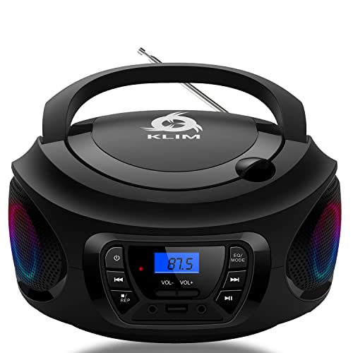 KLIM CD Boombox tragbarer CD Player mit Radio, wiederaufladbarer Akku, FM Radio, Bluetooth, MP3 und AUX. Mit Super Bass Neodymium-Lautsprechern und [2022 Version] aktueller CD-Laserlinse ausgestattet.