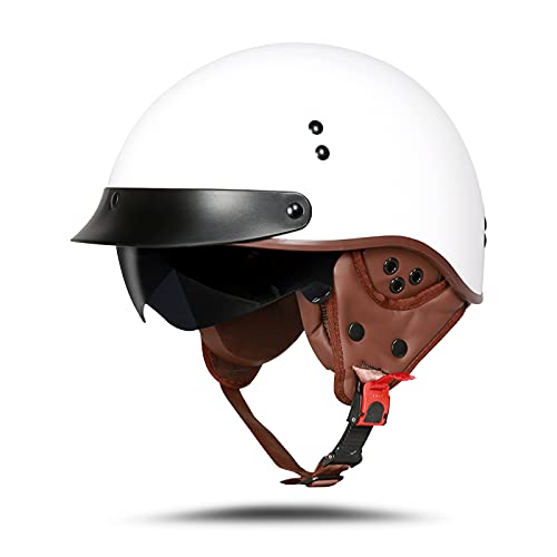 BOSERMEM Motorradhelm Mit Schutzbrille DOT/ECE-Zugelassen, Jethelm Roller-Helm Scooter-Helm Moped Mofa-Helm Chopper Vintage(Helles Weiss, XL 61-62cm)