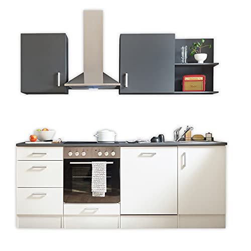 Stella Trading CORNER 220 Moderne Küchenzeile ohne Elektrogeräte in Weiß, Anthrazit - Geräumige Einbauküche mit viel Platz und Stauraum - 220 x 211 x 60 cm (B/H/T)