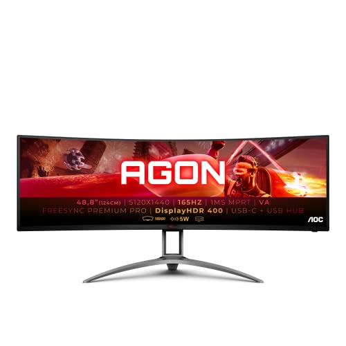 AOC Agon 493UCX2-49 Zoll DQHD Curved Gaming Monitor, 165 Hz, 1 ms, HDR400, FreeSync Premium Pro (5120x1440, HDMI, DisplayPort, USB-C, USB Hub) schwarz/rot