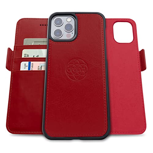 Dreem Fibonacci 2in1 Handyhülle Flipcase für iPhone 12 & 12 Pro | Magnetisches iPhone Case | TPU Etui Lederhülle Schutzhülle, RFID Schutz, Veganes Kunstleder, Geschenkbox | Rot