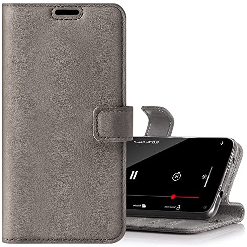 SURAZO Handyhülle für Samsung Galaxy S21 Ultra 5G – Premium Echtleder Hülle Schutzhülle mit [Standfunktion, Kartenfach, RFID Schutz] – Klapphülle Wallet case Handmade in Europe (Grau)