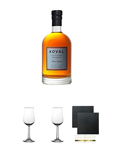 Koval Four Grain Whiskey 47% 0,5 Liter + 2 Bugatti Nosing Gläser mit Eichstrich 2cl und 4cl + 2 Schiefer Glasuntersetzer eckig ca. 9,5 cm Ø