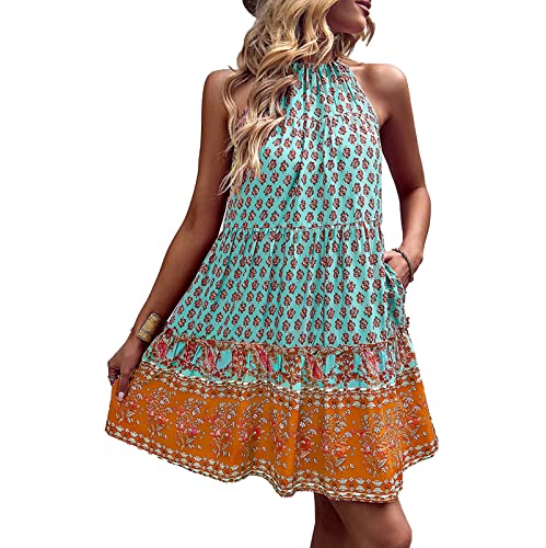 Damen Kleider Sommer Böhmen Blumendruck kurzes Kleider Swing Strandkleider Rückenfreies ärmellos hohe Taille Neckholder Kleid Minikleid Sommerkleider Freizeitkleid für Alltag Freizeit(S-Grün)