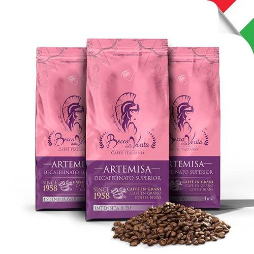 BOCCA DELLA VERITA® - Italienische Kaffeebohnen, Aroma ARTEMISA ENTKOFFEINIERT, 3 Packungen mit 1 kg, Natürlich und handwerklich gerösteter Kaffee, 100% Made in Italy, Rainforest und UTZ zertifiziert