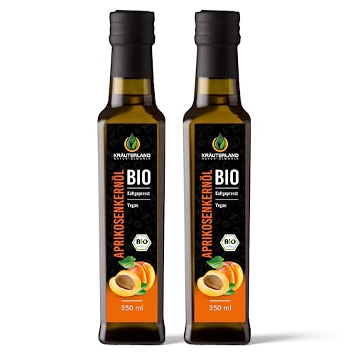 Kräuterland Bio Aprikosenkernöl 500ml - 2x 250ml Aprikosenöl kaltgepresst, naturrein - Speiseöl zum Kochen & Backen, Naturkosmetik für Haut & Haare in Premium Qualität