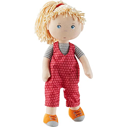 Puppe Cassie, Stoffpuppe aus weichen, waschbaren Materialien mit Latzhose und Zopfgummi, 30 cm, Puppe für Kinder ab 18 Monaten