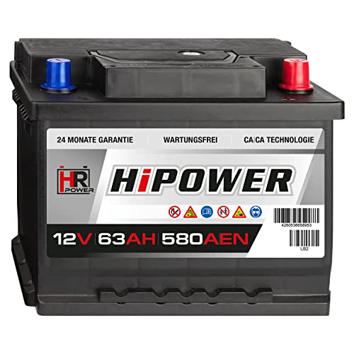 HR HiPower Autobatterie 12V 63Ah 580A/EN Starterbatterie ersetzt 44Ah 45Ah 46Ah 50Ah 60Ah 62Ah 65Ah