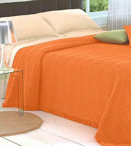 HomeLife Tagesdecke für Doppelbett, aus Chenille, 260 x 260 cm, leichte Frühlings-Tagesdecke für die Übergangszeit, 100%, mit Relief-Chenille-Streifen, Orange