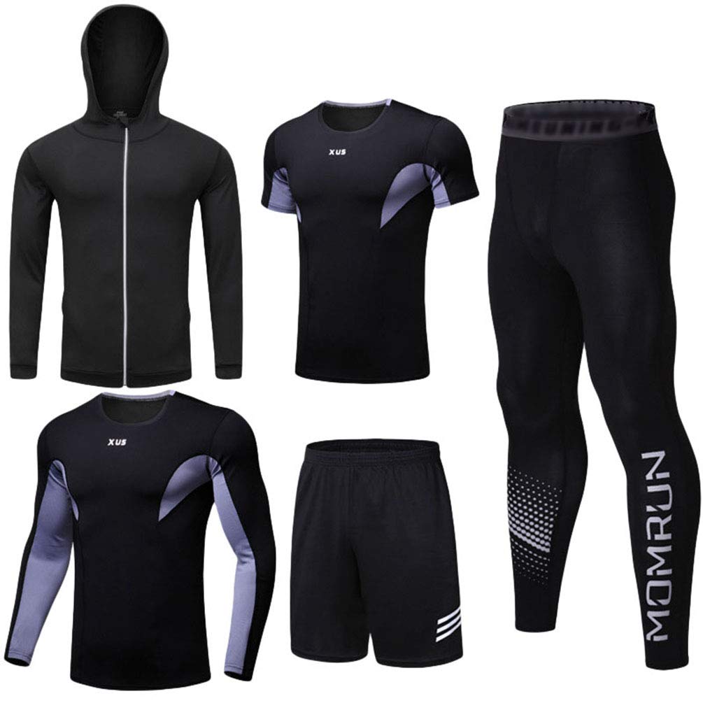 JEELINBORE 5 Stücke Sportbekleidung für Herren, Gym Funktionsshirt Trainingsset Atmungsaktive Sportjacke mit Kapuze - Stil # 5, XL