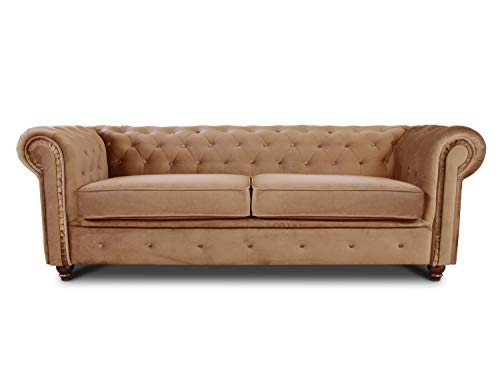 Sofa Chesterfield Asti 3-Sitzer, Couch 3-er, Glamour Design, Couchgarnitur, Sofagarnitur, Holzfüße, Polstersofa - Wohnzimmer, Velours (Beige (Velvet 28))