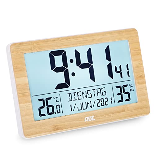 ADE Digitale XL-Funkuhr mit sehr großen Ziffern | Tischuhr mit 2 Weckzeiten und Beleuchtung | Thermometer Hygrometer | schmaler Rahmen aus echtem Bambus