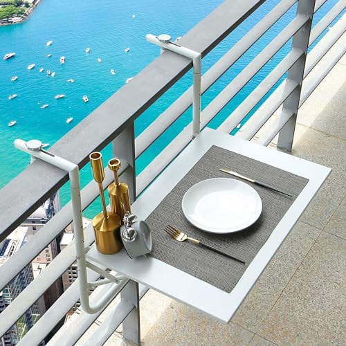 amzwkt Balkongeländer Hängetisch, Balkontisch Zum Einhängen, Balkon-Stehtisch, 3-stufig Höhenverstellbar, Metall-Klapptisch Für Balkon, Terrasse, Terrassenfenster (Color : White)