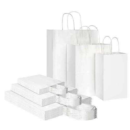 Toovip 90 Stück weiße Kraftpapiertüten mit Griffen, verschiedene Größen, klein, mittelgroß, Geschenktüten für Partygeschenke, Lebensmittel, Einkaufen, Geschäft, Handwerk, Merchandise-Taschen