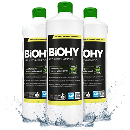 BIOHY KFZ Autoshampoo (3x1l Flasche) | Konzentrat exzellente Reinigungskraft & Schaumbildung | Schützender Abperleffekt | Erzeugt einen anhaltenden frischen Duft