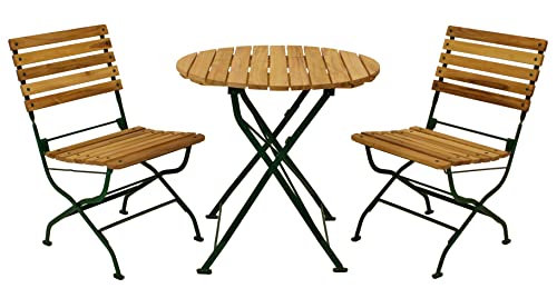 DEGAMO Garten Sitzgruppe Klappgarnitur Passau 3-teilig (2X Stuhl, 1x Tisch rund 77cm), Gestell Flachstahl dunkelgrün, Belattung Robinien Holz, Outdoor