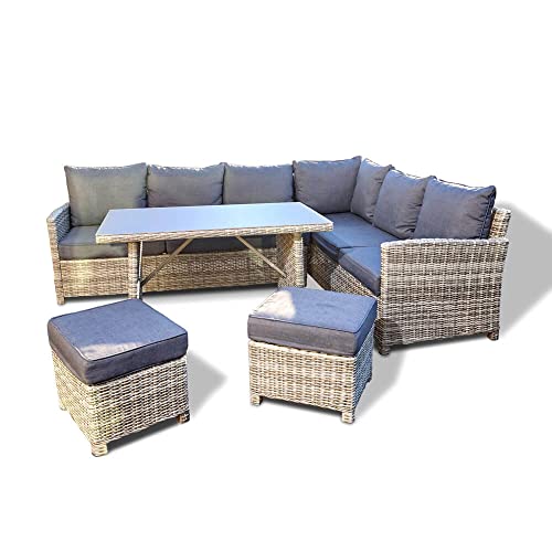 Home Deluxe - Polyrattan Sitzgruppe Bahia- inkl. Hocker, Tisch mit Glasplatte und Sitzpolster I Loungemöbel, Outdoor Sofa, Garten- & Balkonmöbel